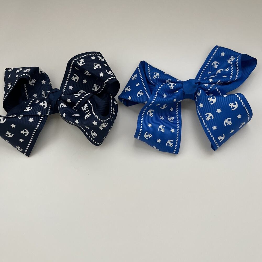 Lot Of 2 Ribbon Designed 6” Bow Clips Blue Light Blue Anchors Alligator